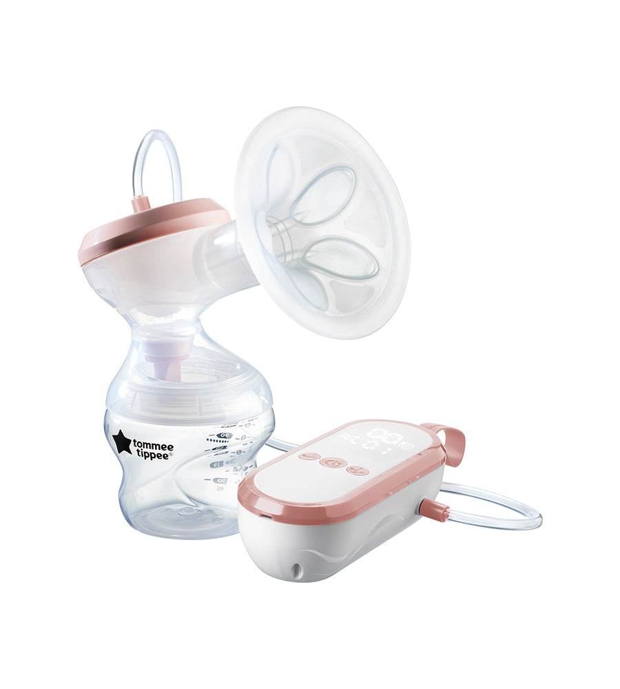 Breast pump with clear chamber and pink accents on a white background