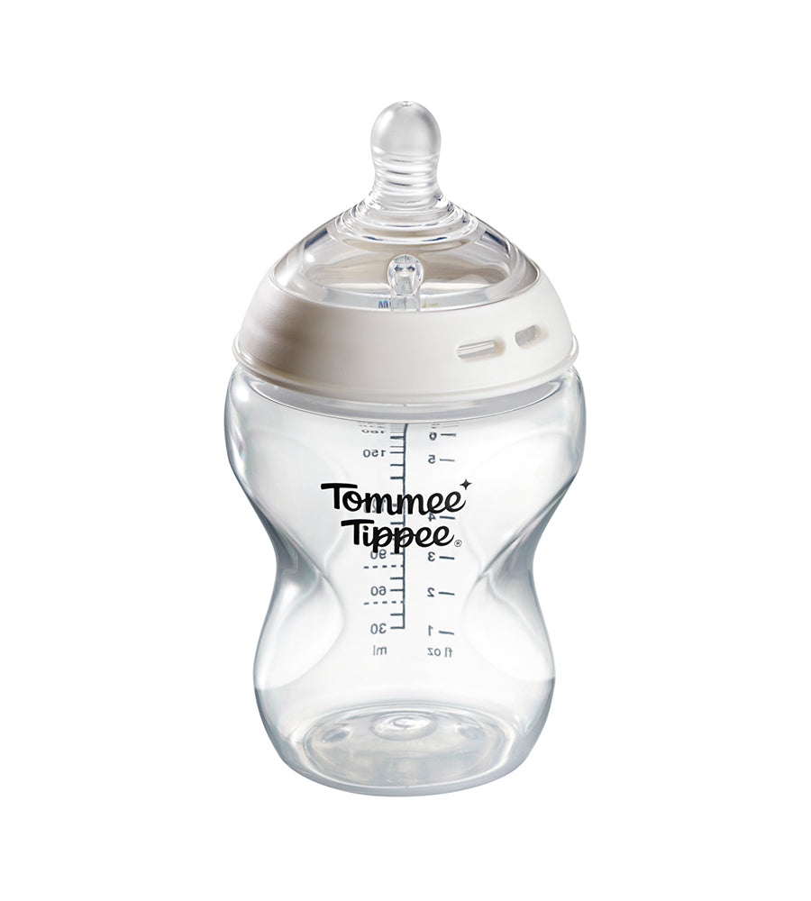 Tommee Tippee baby bottle on a white background