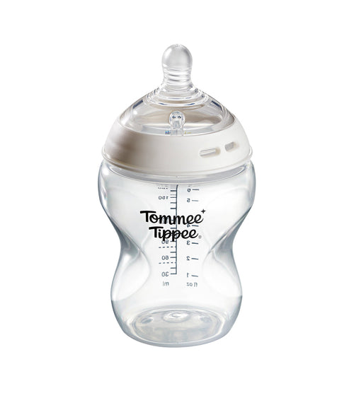 Tommee Tippee baby bottle on a white background